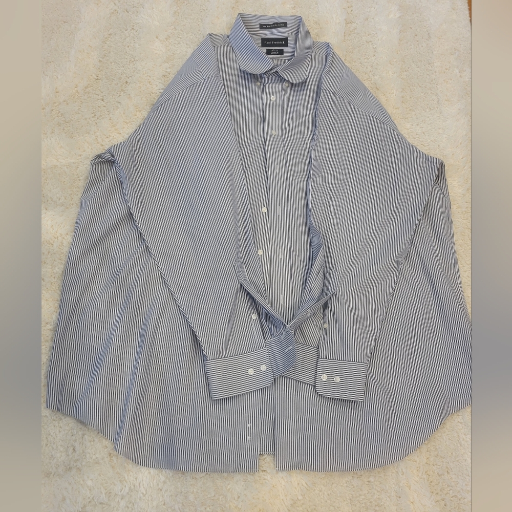 Paul Fredrick Long Sleeve Dress Navy Striped Shirt